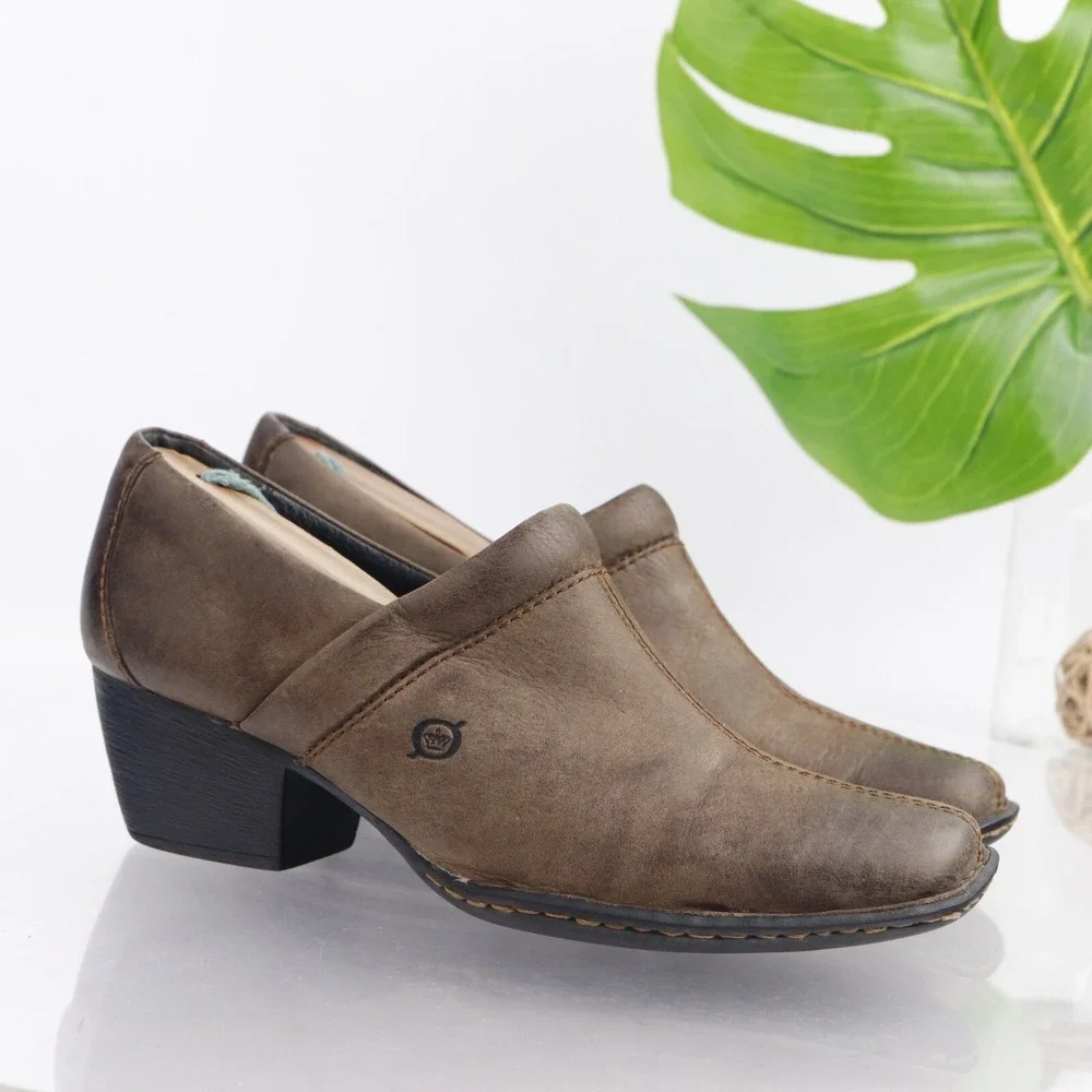 Born Womens Kinney Boot Pump Size 8 Brown Leather Comfort Shoe Block Heel SlipOn